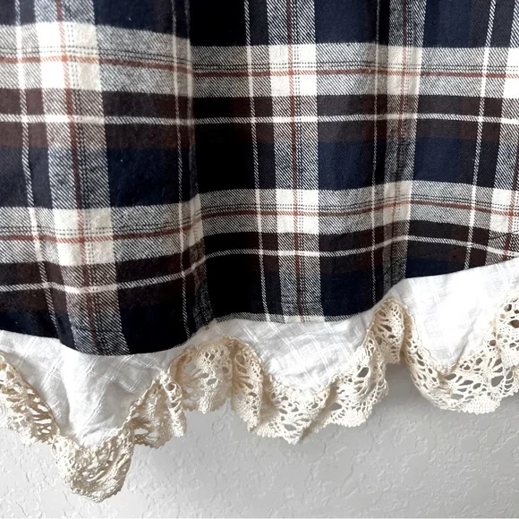JODIFL Plaid Flannel & Lace Shirt Top Button Western Navy Cream Brown S … - Picture 6 of 8